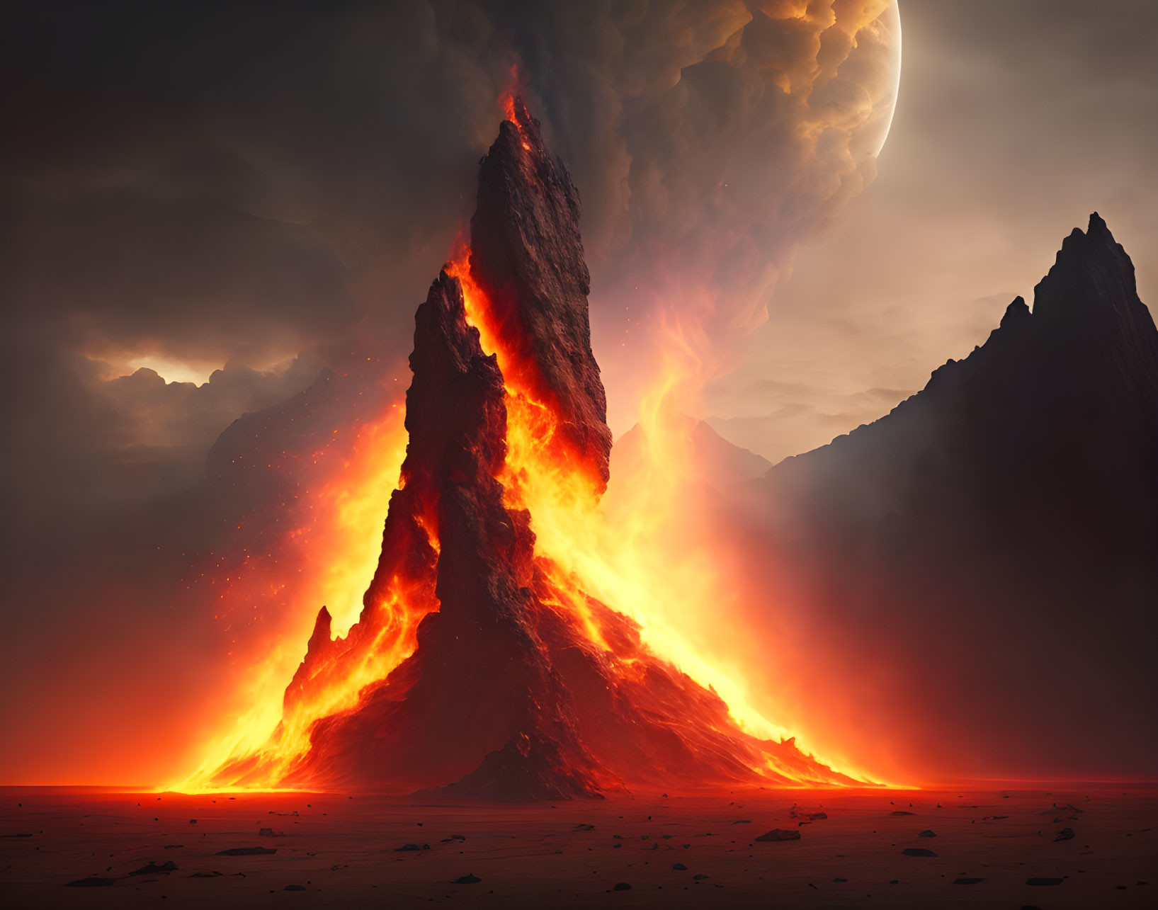 Dramatic volcanic eruption with flowing lava under dark, moody sky