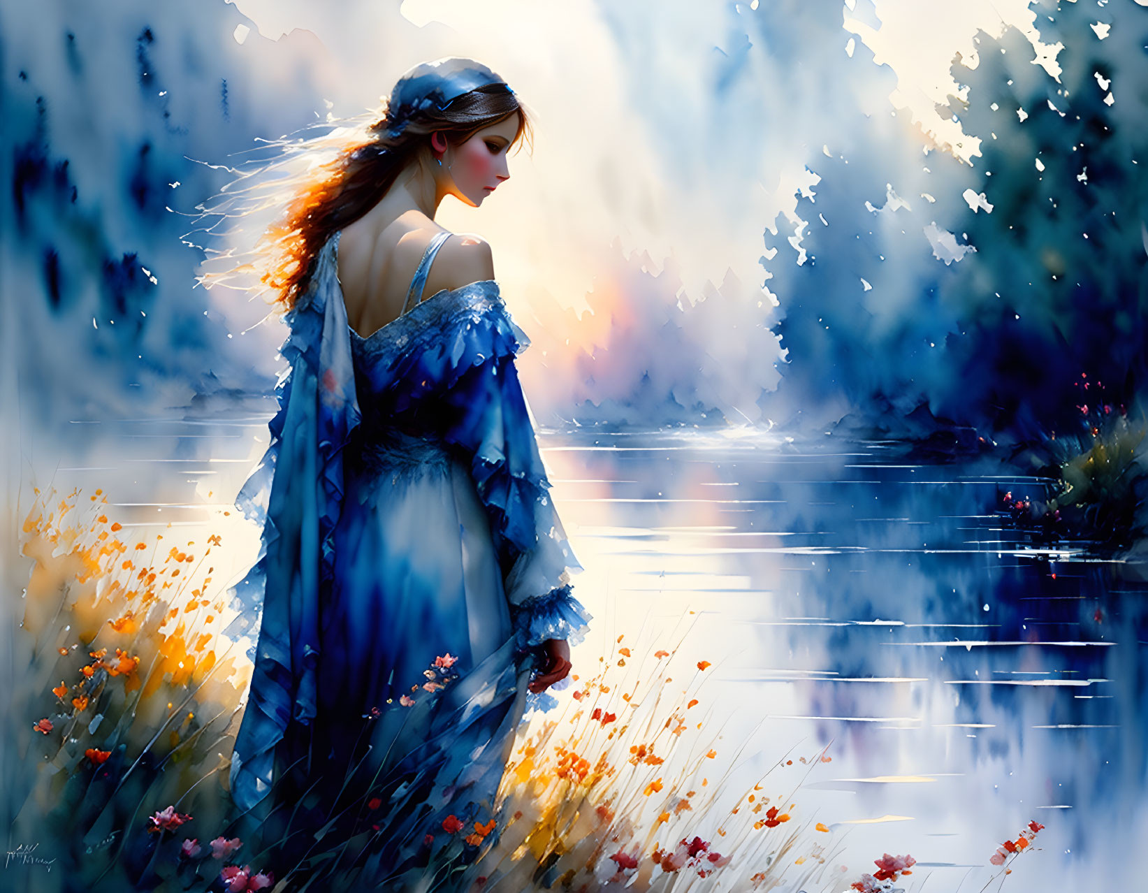 Woman in Blue Dress by Serene Lake at Sunset