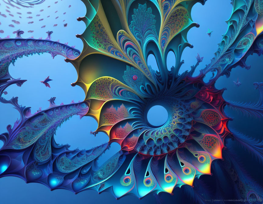 Colorful fractal pattern of fantastical sea creature in blues and purples