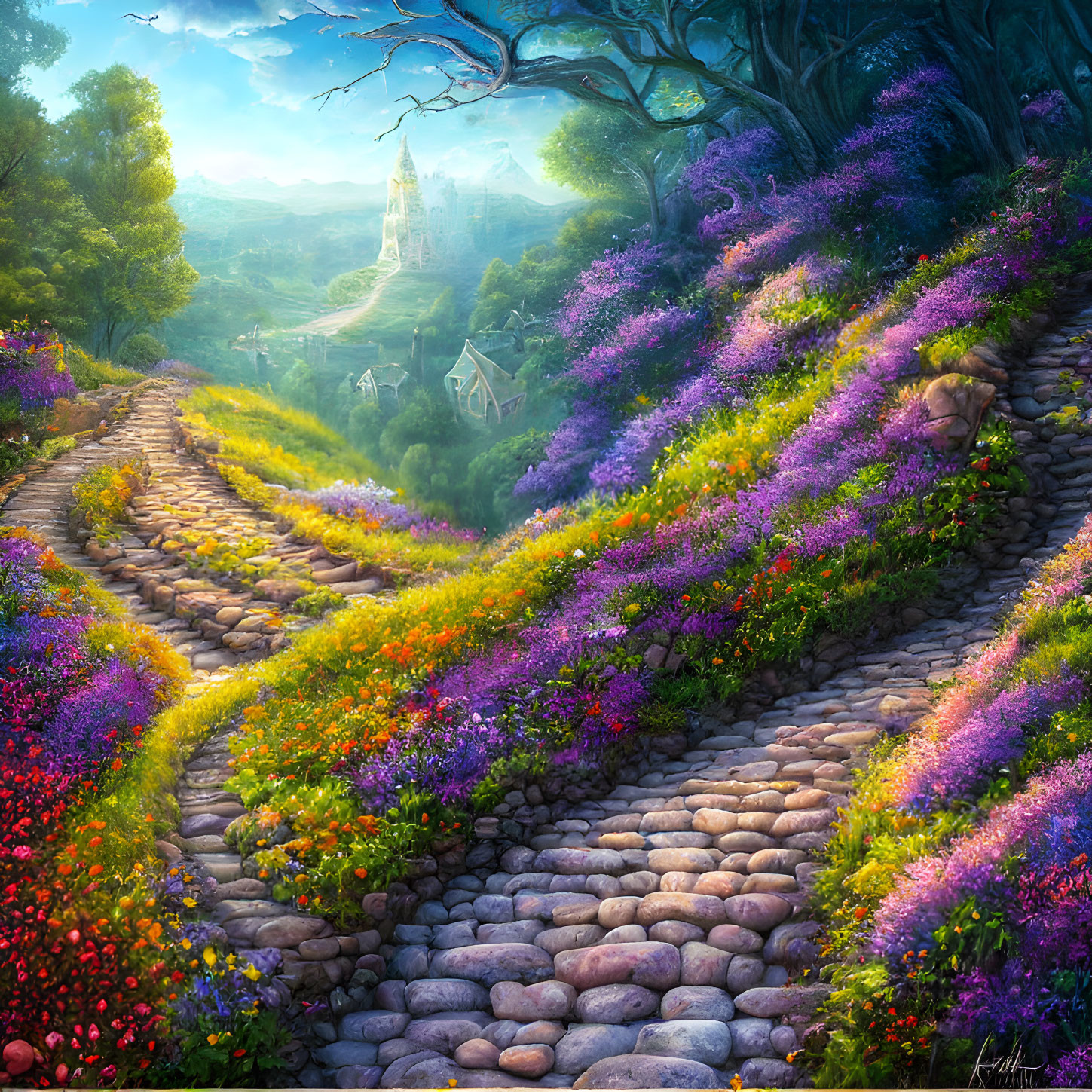 Colorful Fantasy Landscape with Cobblestone Path and Castle