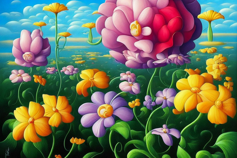 Colorful whimsical garden painting with oversized flowers and fluffy cloud-filled sky.