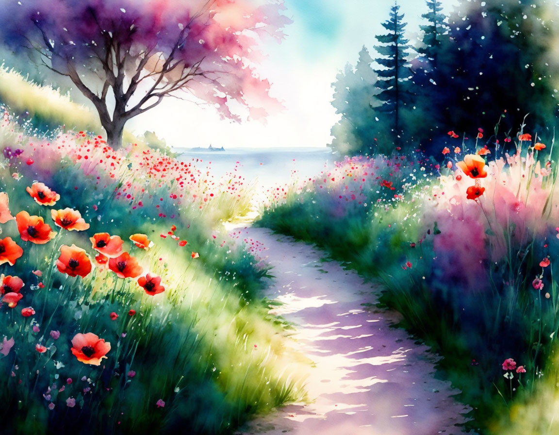 Scenic watercolor painting: vibrant path, red poppies, beach, tree, sunny sky