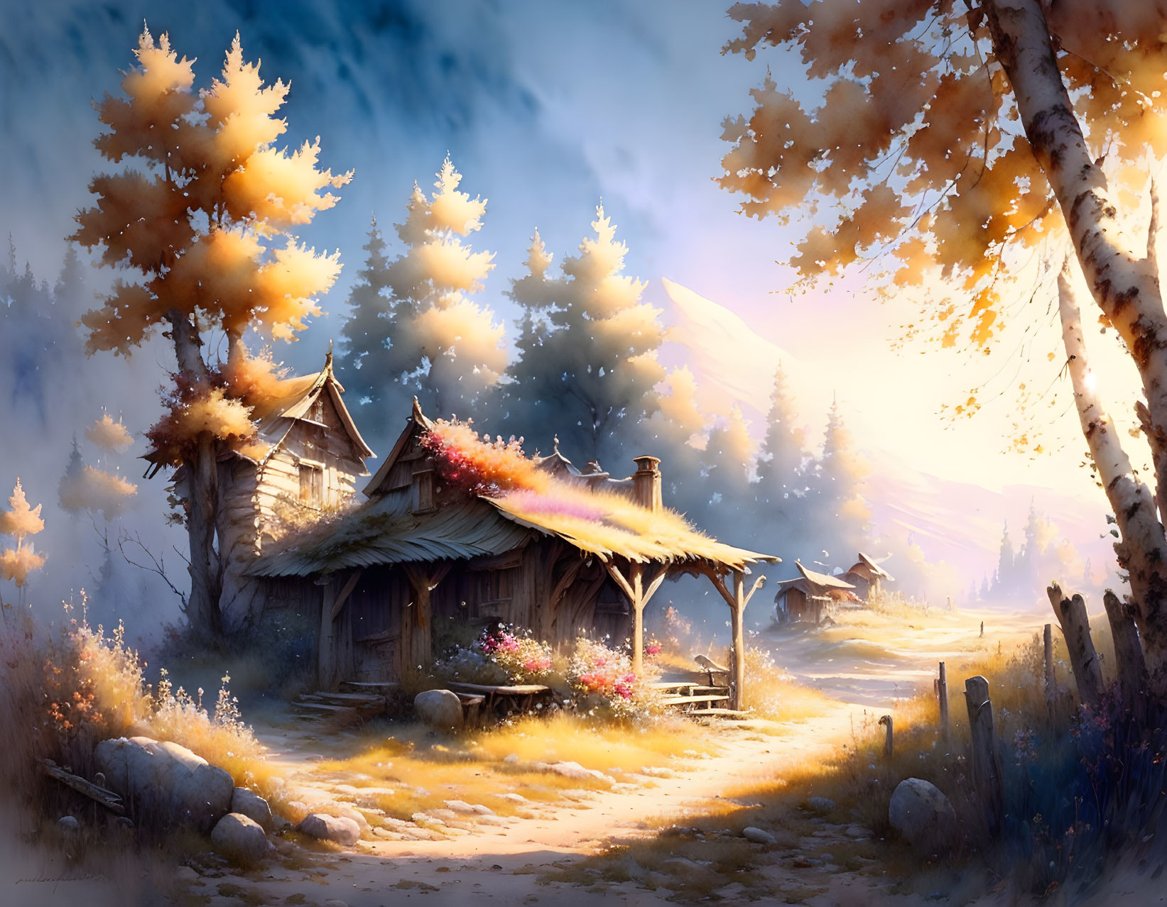 Tranquil autumn landscape with rustic cabin and golden foliage