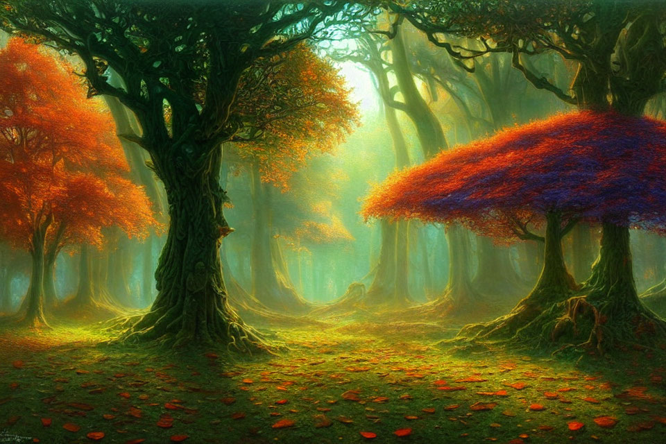 Sunlit Mystical Forest with Vibrant Orange and Blue Foliage