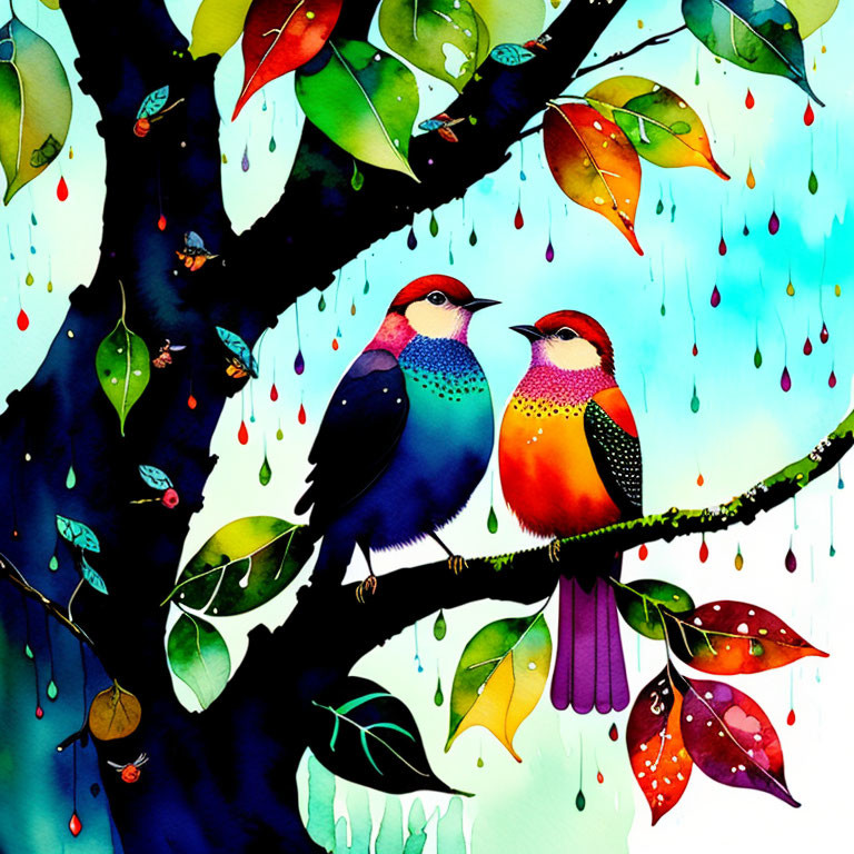 Vibrant illustrated birds on branch with multicolored leaves in turquoise setting