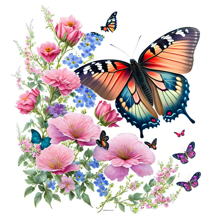 Colorful Butterfly Artwork Surrounded by Pink Flowers and Foliage