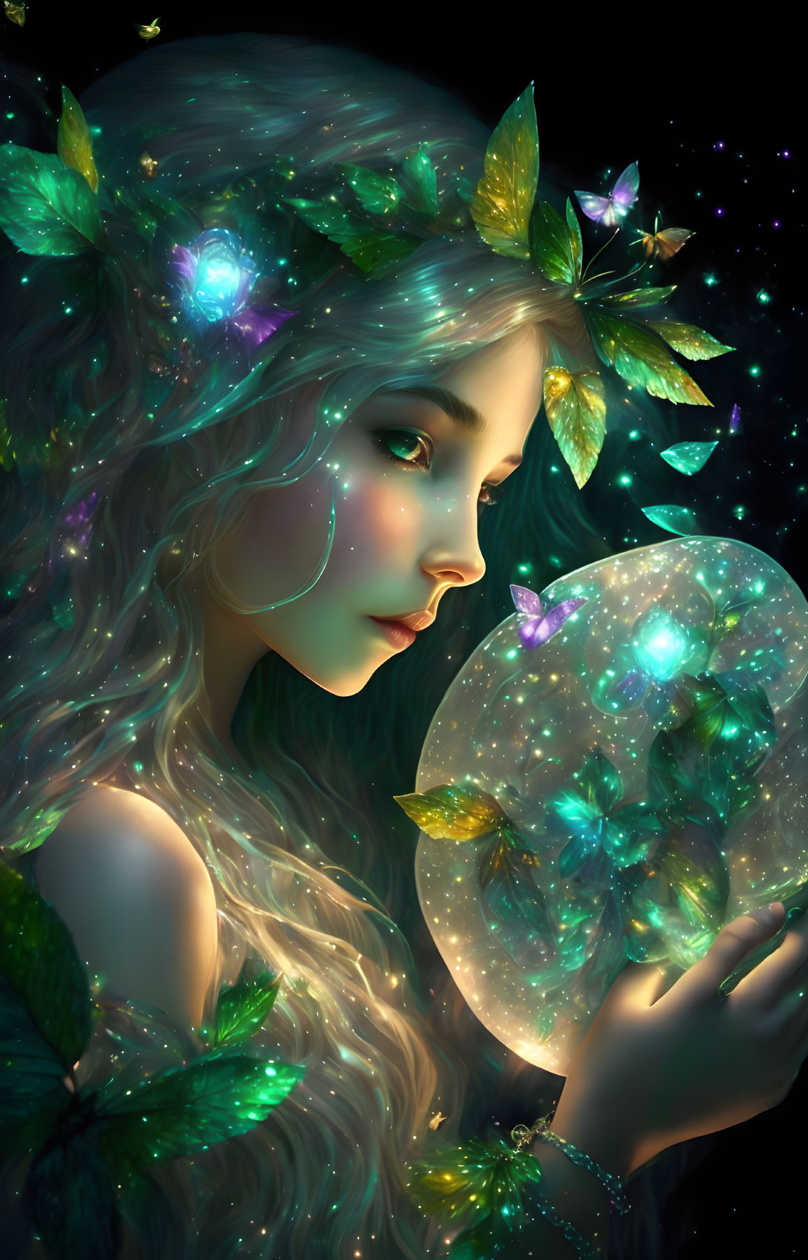 Mystical female figure with butterflies and leaves in hair gazing at glowing orb amid starry backdrop