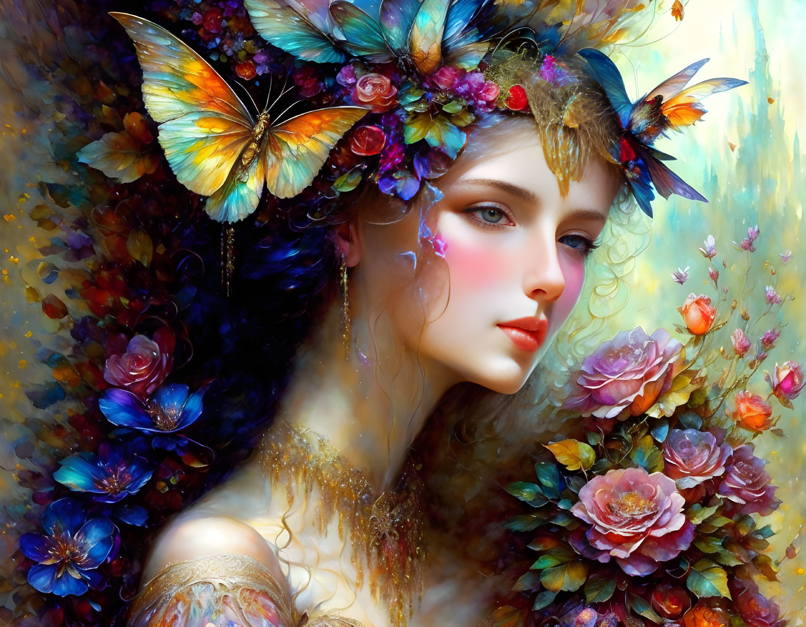 Fantasy Artwork: Woman with Flowers and Butterflies in Hair