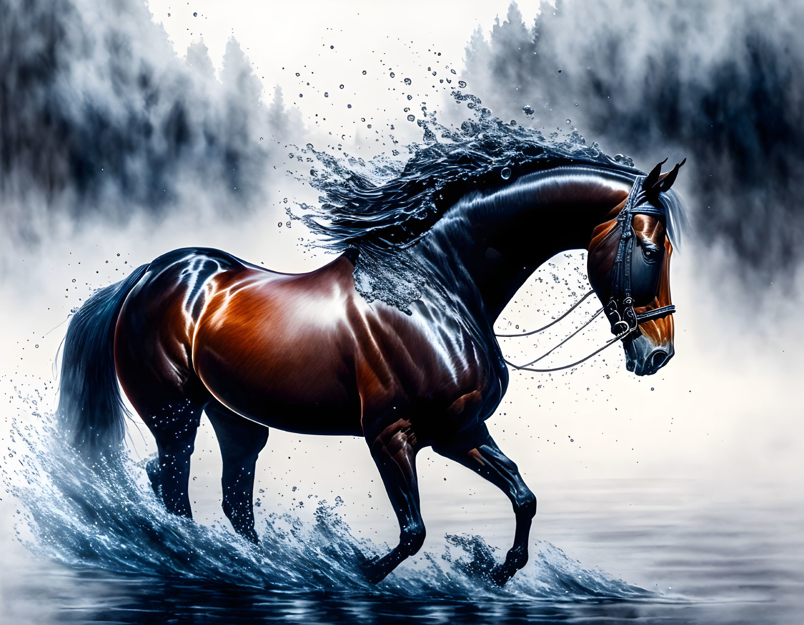 Brown horse with black mane galloping through water in misty forest