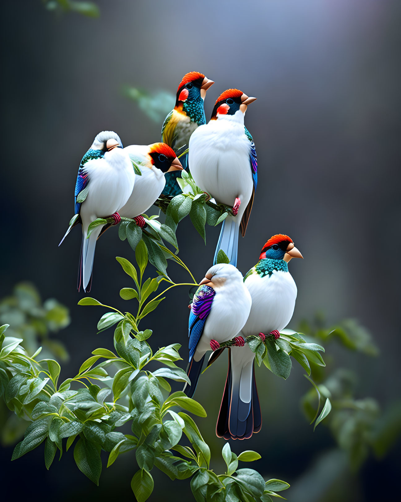 Colorful Birds Perched on Leafy Branch in Soft-focus Setting