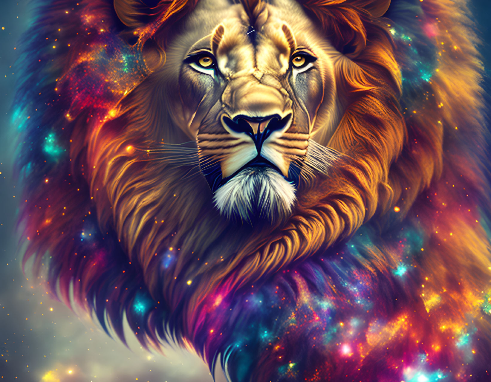 Colorful digital artwork: Majestic lion with cosmic mane