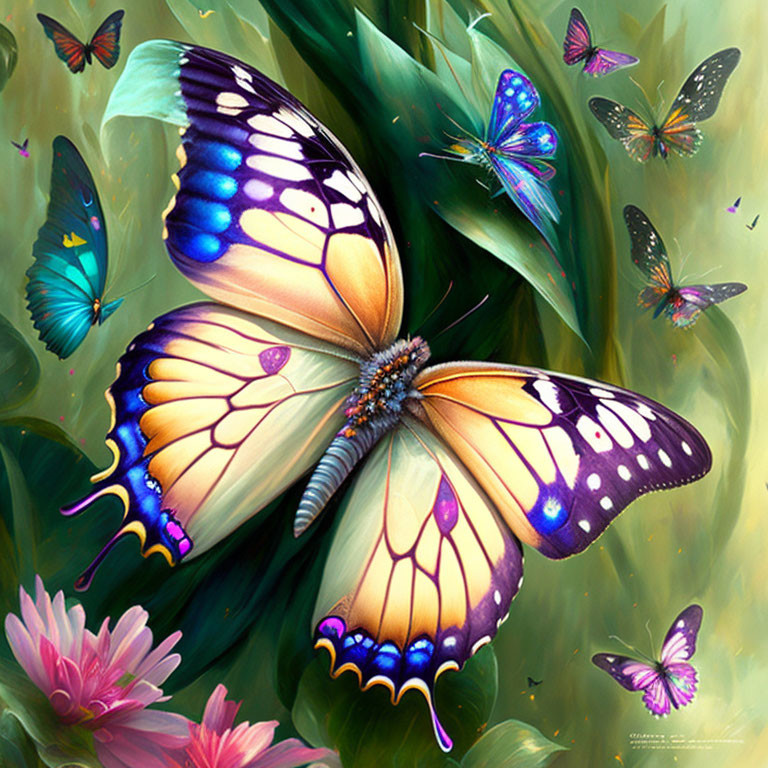 Colorful Butterfly Artwork Among Green Foliage and Pink Blossoms