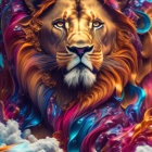 Colorful digital artwork: Majestic lion with cosmic mane