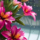 Vibrant pink flowers with yellow centers and white speckles, buds, and green leaves.