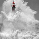 Red sail sailboat battles white waves in stormy sea under grey sky