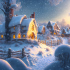 Snow-covered village with cozy houses in wintry sunset