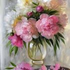 Colorful Flower Bouquet in Clear Vase with Petals and Leaves