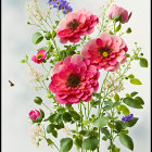 Colorful Floral Arrangement with Pink Dahlias, Roses, Purple, and White Flowers on Grey Background