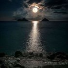 Moonlit Sea with Full Moon Reflection on Water & Starry Sky