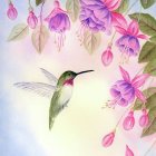 Vibrant pink blossoms with mid-flight hummingbird and soaring birds under pastel sky