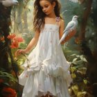 Young girl in floral dress surrounded by flowers and doves in serene setting