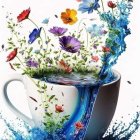 Colorful Flowers in Porcelain Cup with Liquid Art