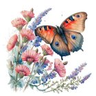 Colorful Butterfly Artwork Surrounded by Pink Flowers and Foliage
