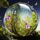 Colorful butterfly ecosystem in translucent bubble amid nature.