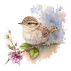 Colorful Bird on Branch with Blossoms and White Background