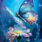 Colorful Digital Art: Translucent-Winged Butterfly on Pink Flowers