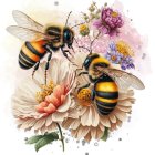 Large Bees Hovering Over Pink Flowers on White Background