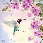 Colorful bird with red throat among pink flowers and flying birds