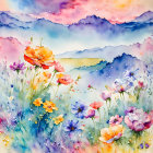 Fantasy landscape with orange flowers, floating islands, and pastel sky