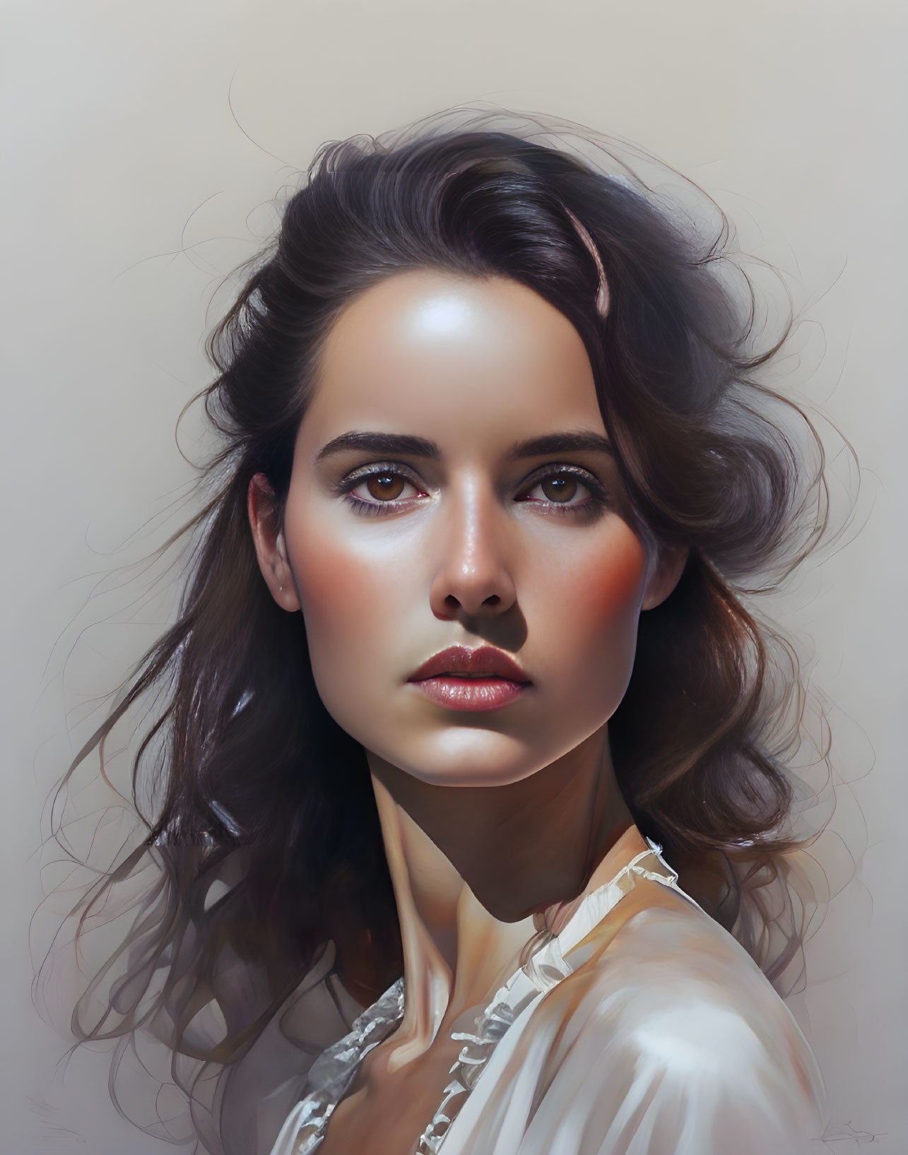 Photorealistic digital painting of woman with flowing brown hair