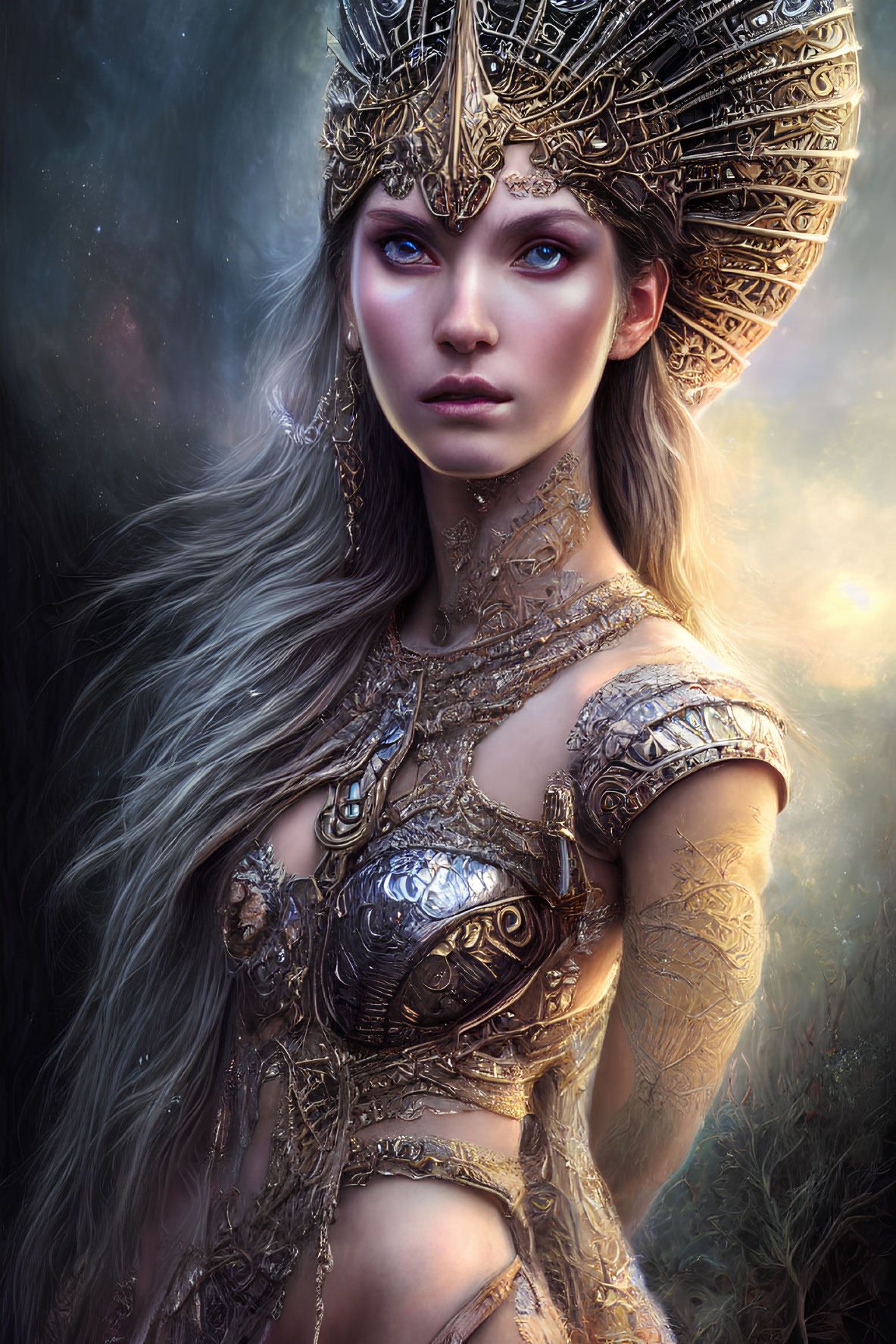 Fantasy Illustration of Woman in Golden Armor with Silver Hair