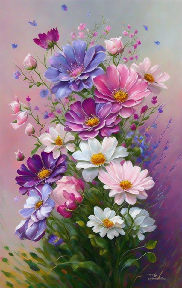 Assorted Flowers Painting in Blue, Pink, Purple, and White