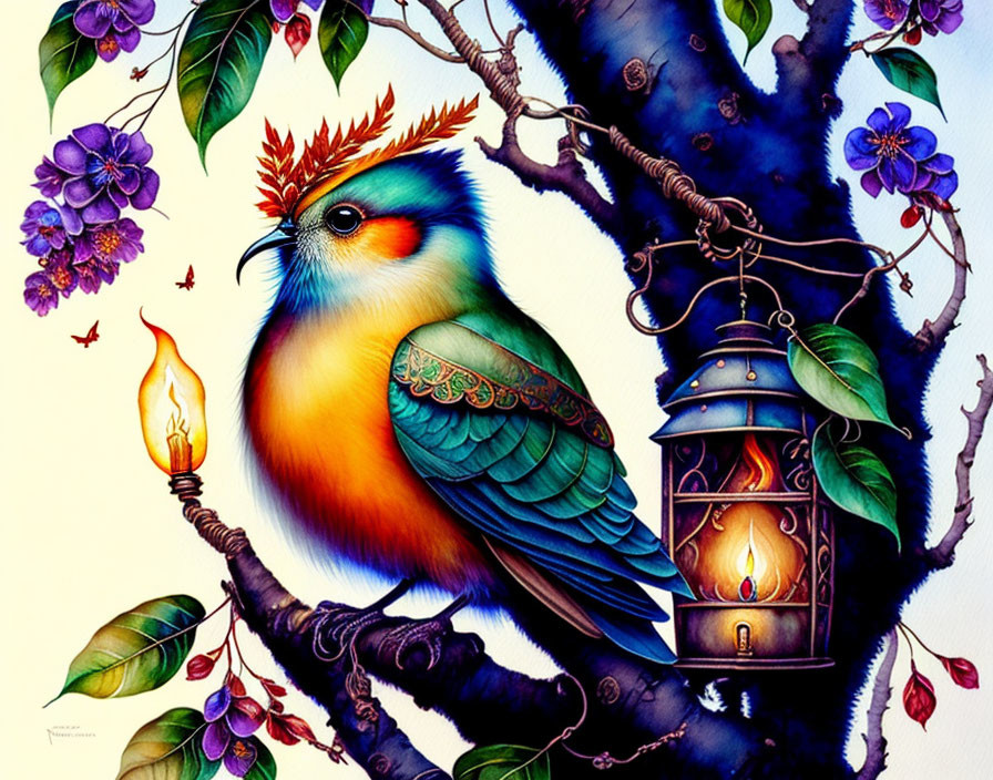 Colorful Bird with Fiery Crown Perched on Branch with Lantern amidst Purple Flowers