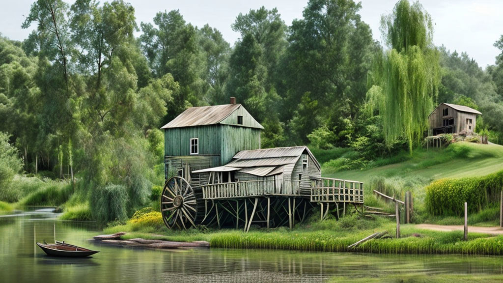 Scenic old watermill on lush riverside with dock and boat