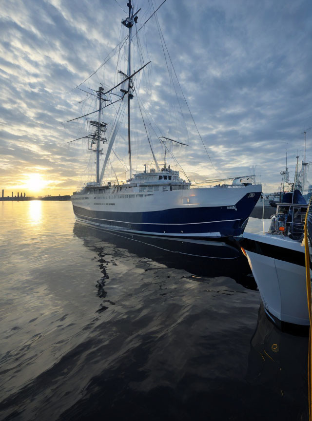 Blue and White Ship in Calm Harbor at Sunrise