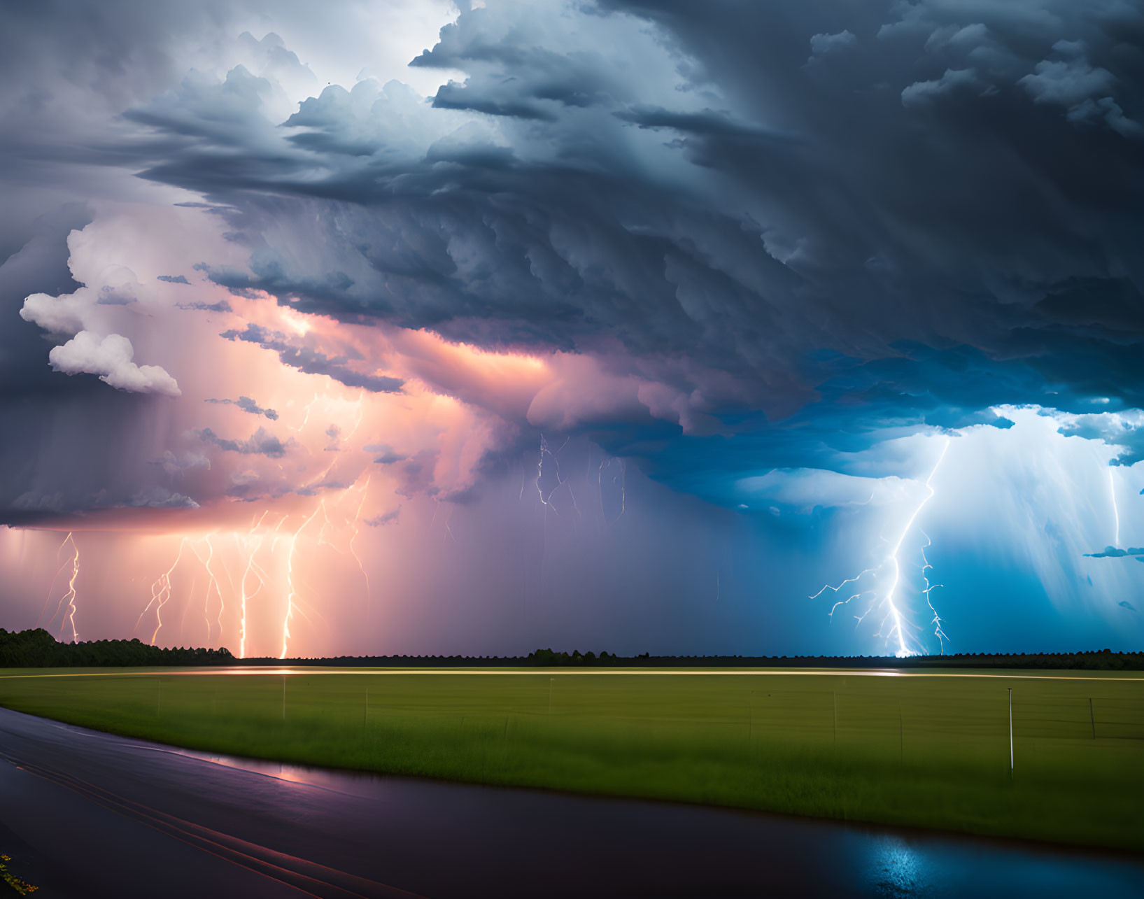 Dark thunderstorm with lightning strikes over calm field at dusk