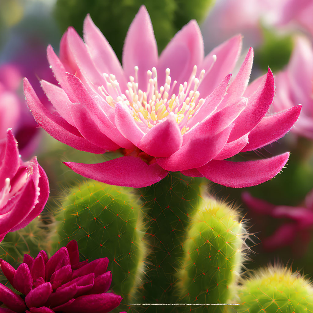 Blooming Pink Cactus Flowers with Yellow Spines on Green Cacti