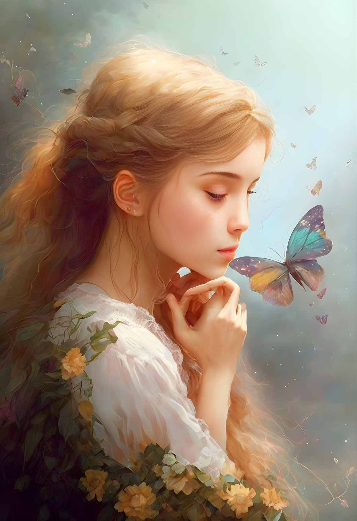 Blonde woman with braided hair admiring butterfly in floral dress