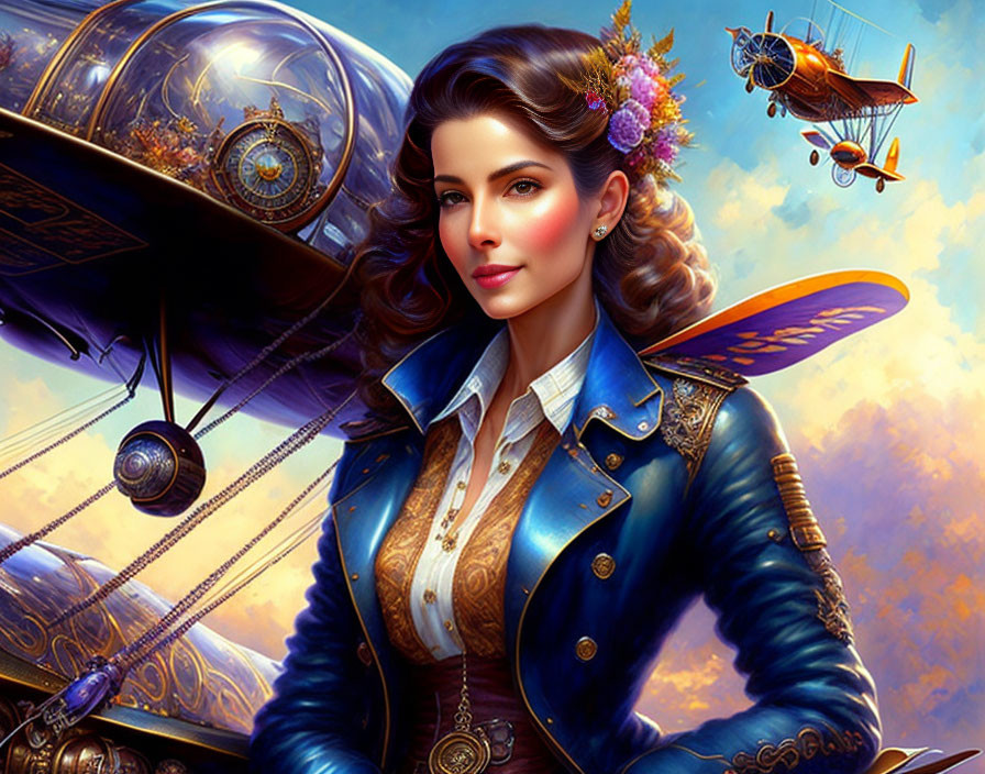 Steampunk-inspired portrait of a woman with butterfly wing accessory in blue jacket against airship backdrop