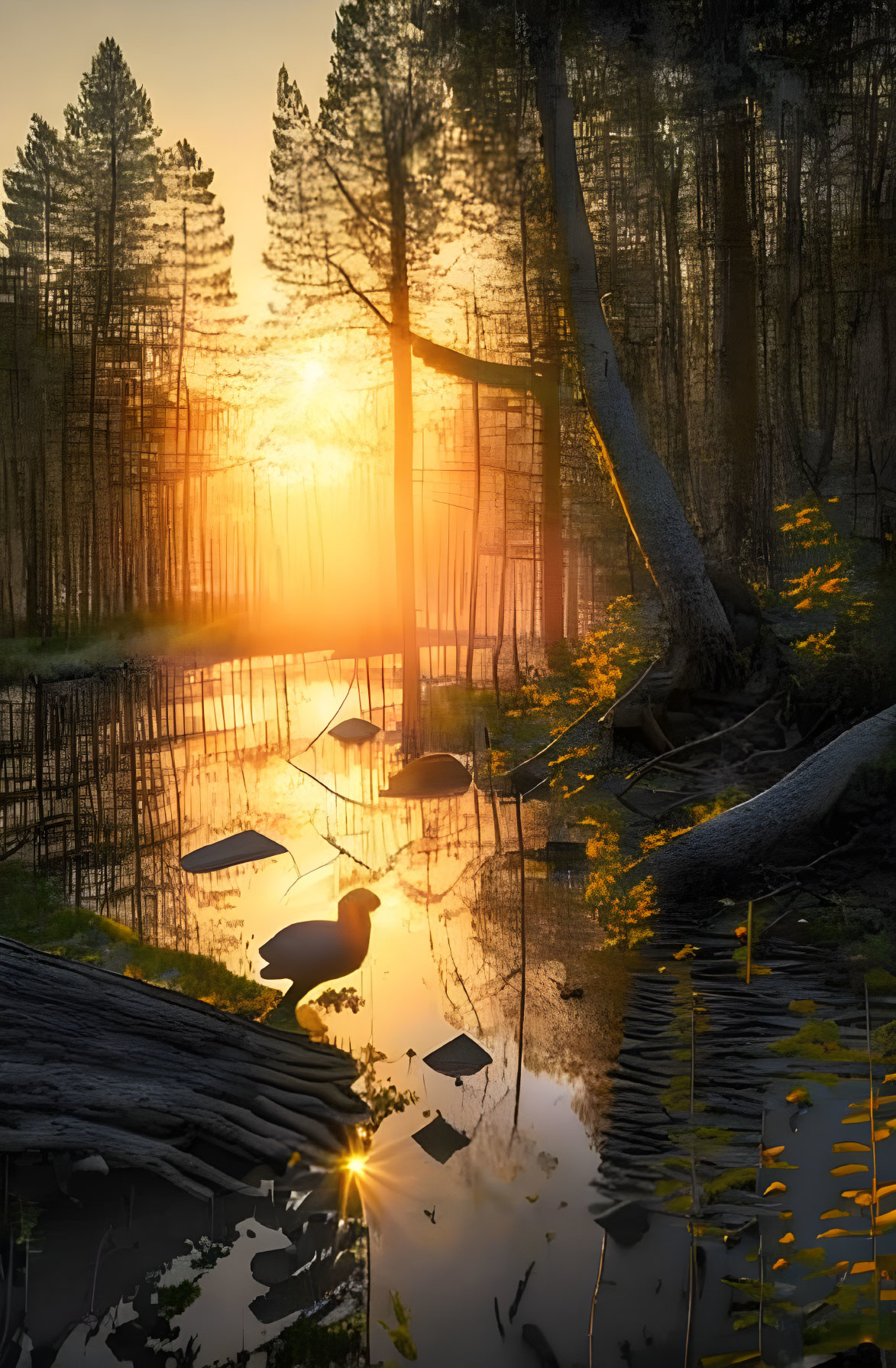 Tranquil sunrise scene of forested swamp with heron and vibrant yellow flowers