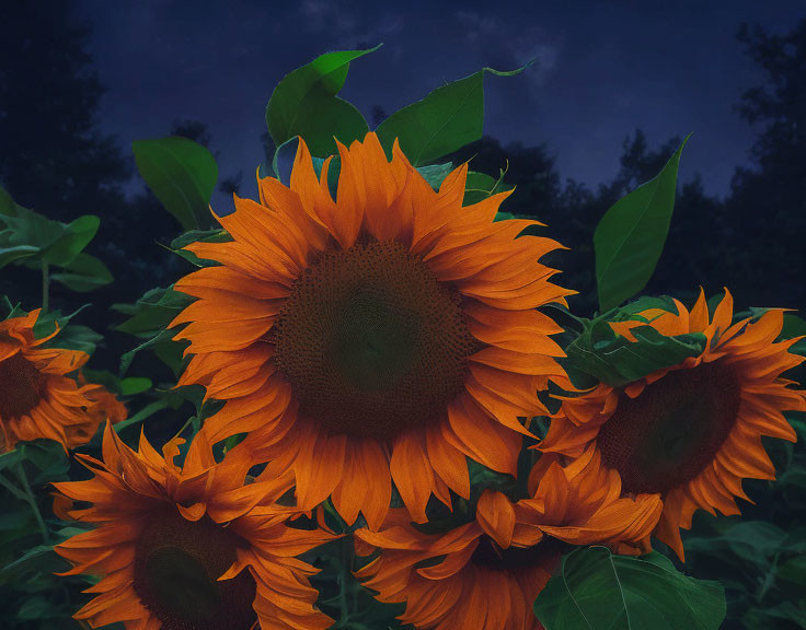 Vivid orange sunflowers against dark blue twilight sky