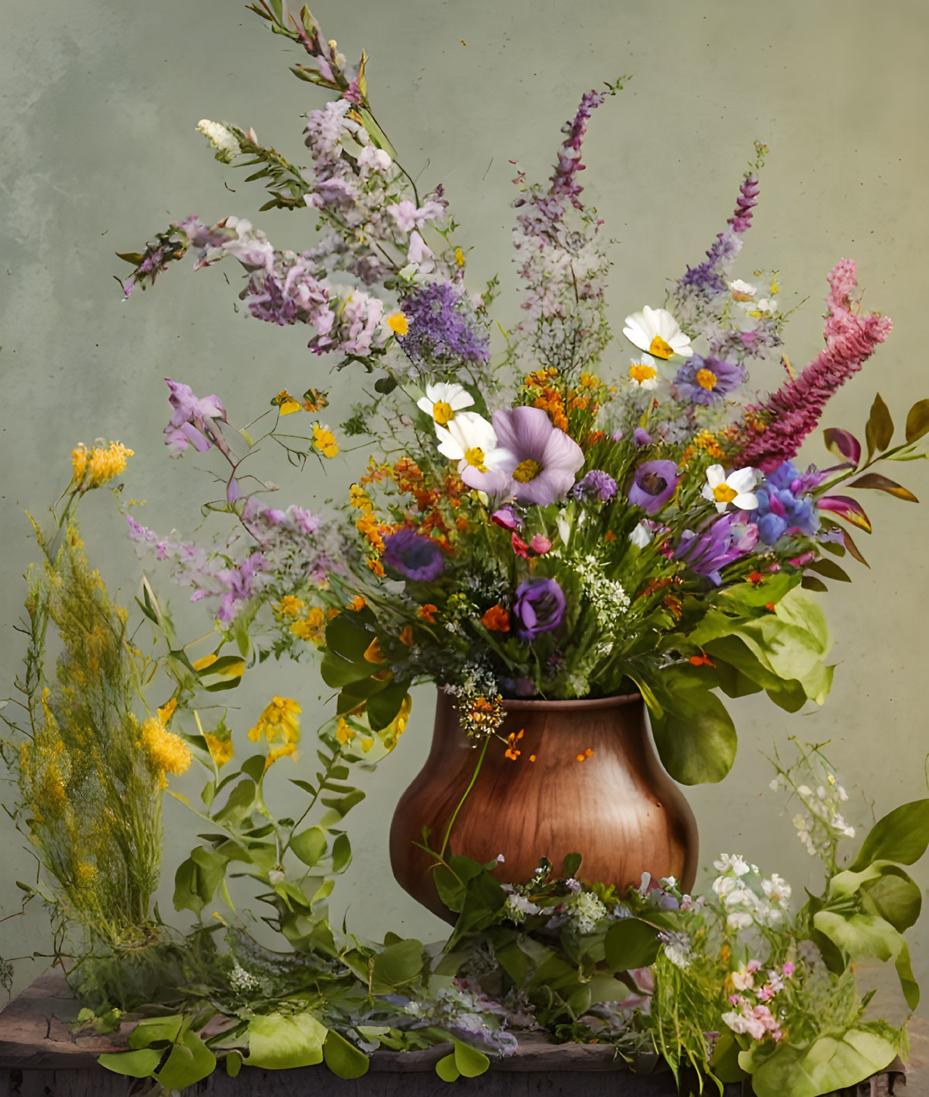 Colorful Flower Bouquet in Wooden Vase on Green Background