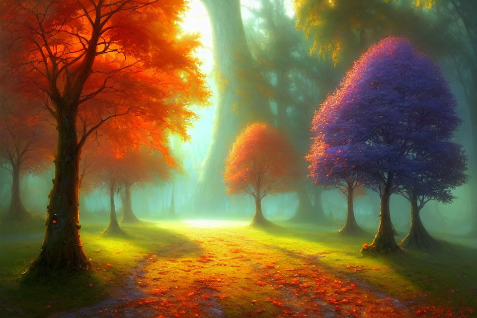 Autumn Forest Path with Vibrant Foliage and Ethereal Light