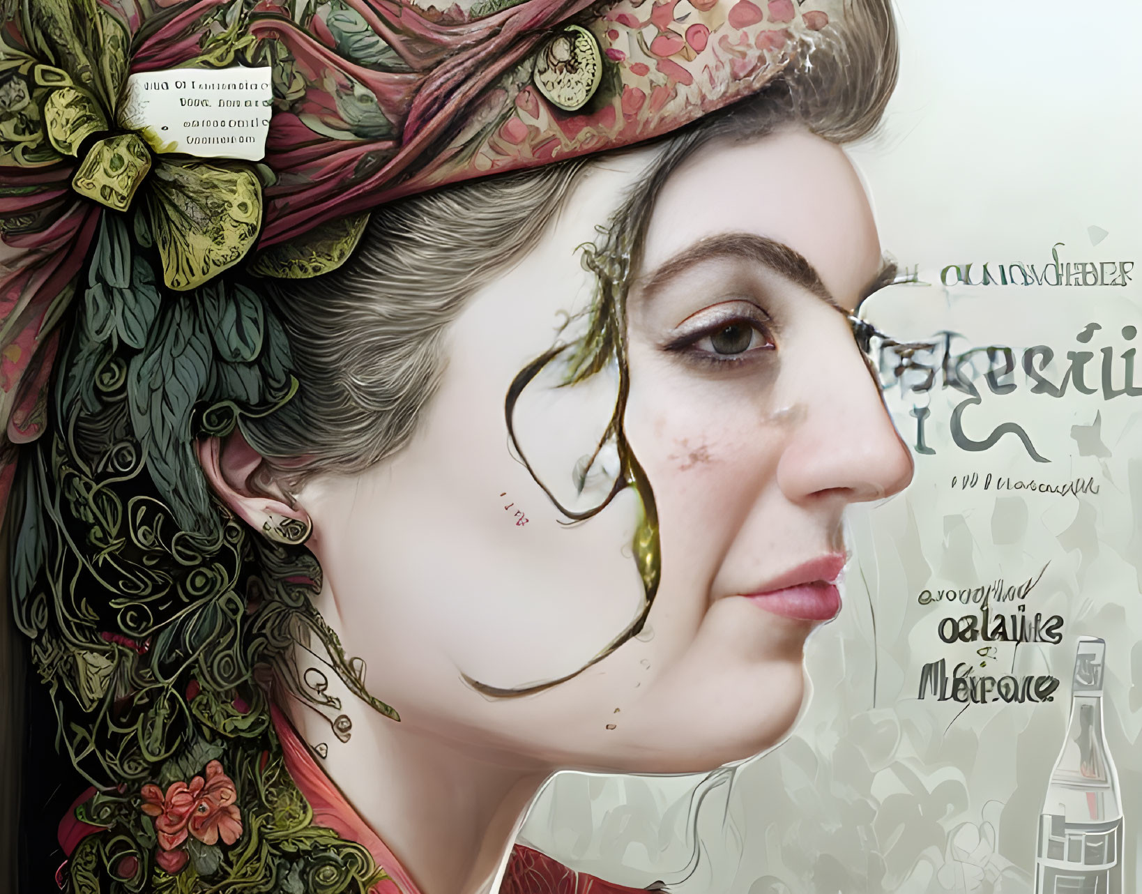 Digital artwork features woman's profile with headscarf and ornate patterns