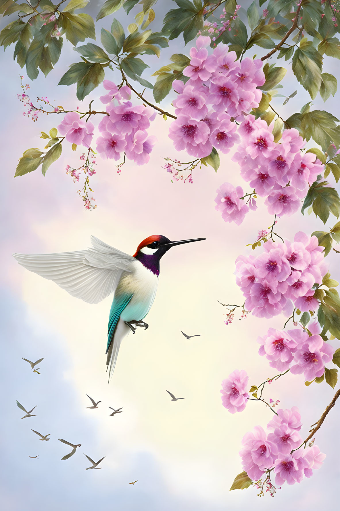 Vibrant pink blossoms with mid-flight hummingbird and soaring birds under pastel sky