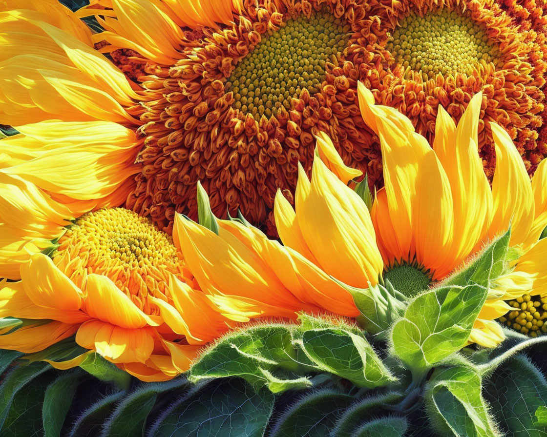 Detailed Close-Up of Vibrant Sunflowers with Yellow Petals and Brown Centers